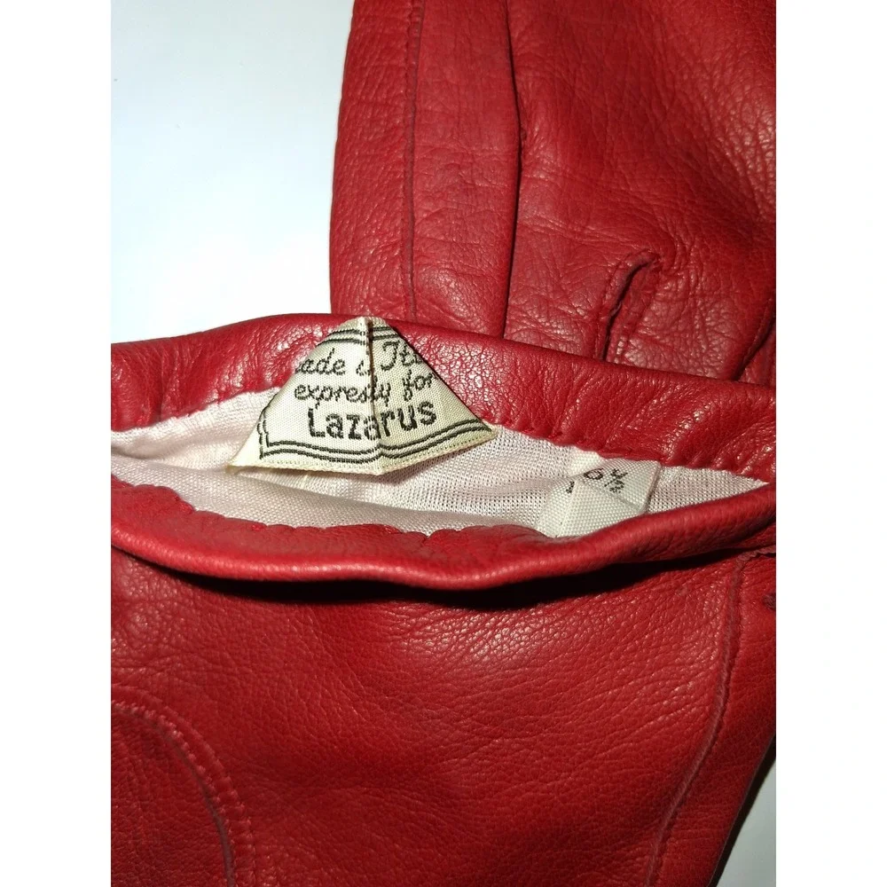Vintage‎ Women's Lazarus Red Leather Gloves Size 6.5  Made In Italy Gold Accents